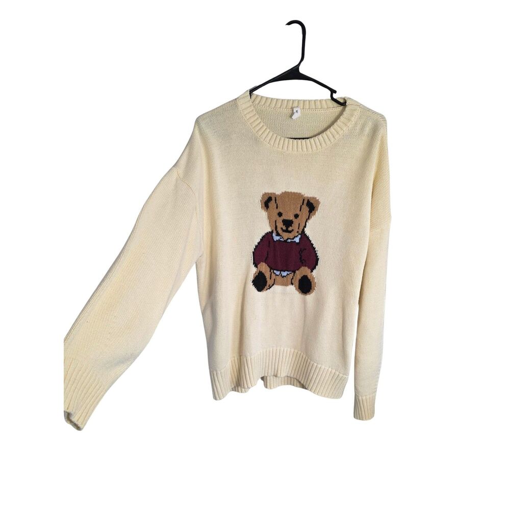 Wishlist Apparel Preppy Teddy Bear Graphic Knit Sweater Cream L